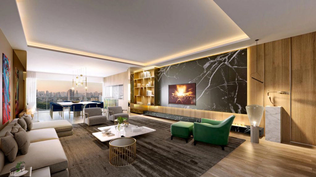 Living sofisticado com 157m² no Cyrela Atmosfera 360º, com decoração contemporânea, marcenaria de alto padrão e vista panorâmica de São Paulo