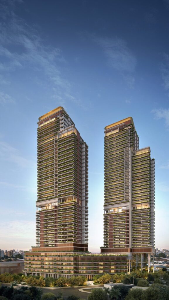 Render Da Fachada Do Faena São Paulo Em Pinheiros Com Duas Torres De Alto Padrão, Vegetação Nas Varandas E Base Integrada Ao Hotel E Art Center