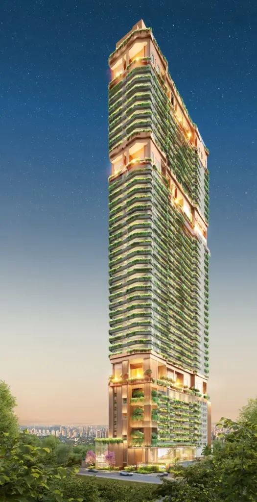 Lista: Os Top 10 Prédios Residenciais Mais Altos De São Paulo 20 Fachada Do On The Sky Bela Cintra À Noite, Torre Com Vegetação Suspensa E Vista Para São Paulo