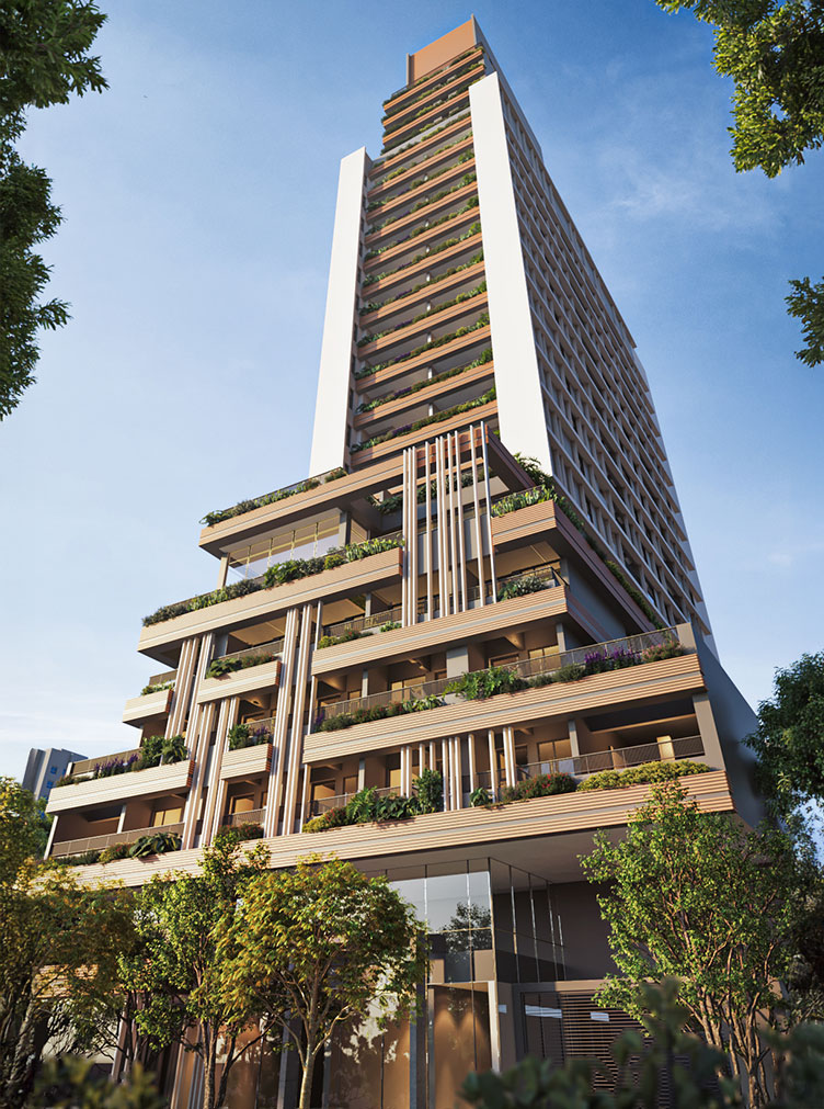 Imagem Da Fachada Completa Do Aeterna Paulista, Empreendimento De Alto Padrão Na Rua Cincinato Braga Com Design Contemporâneo E Vegetação Integrada.