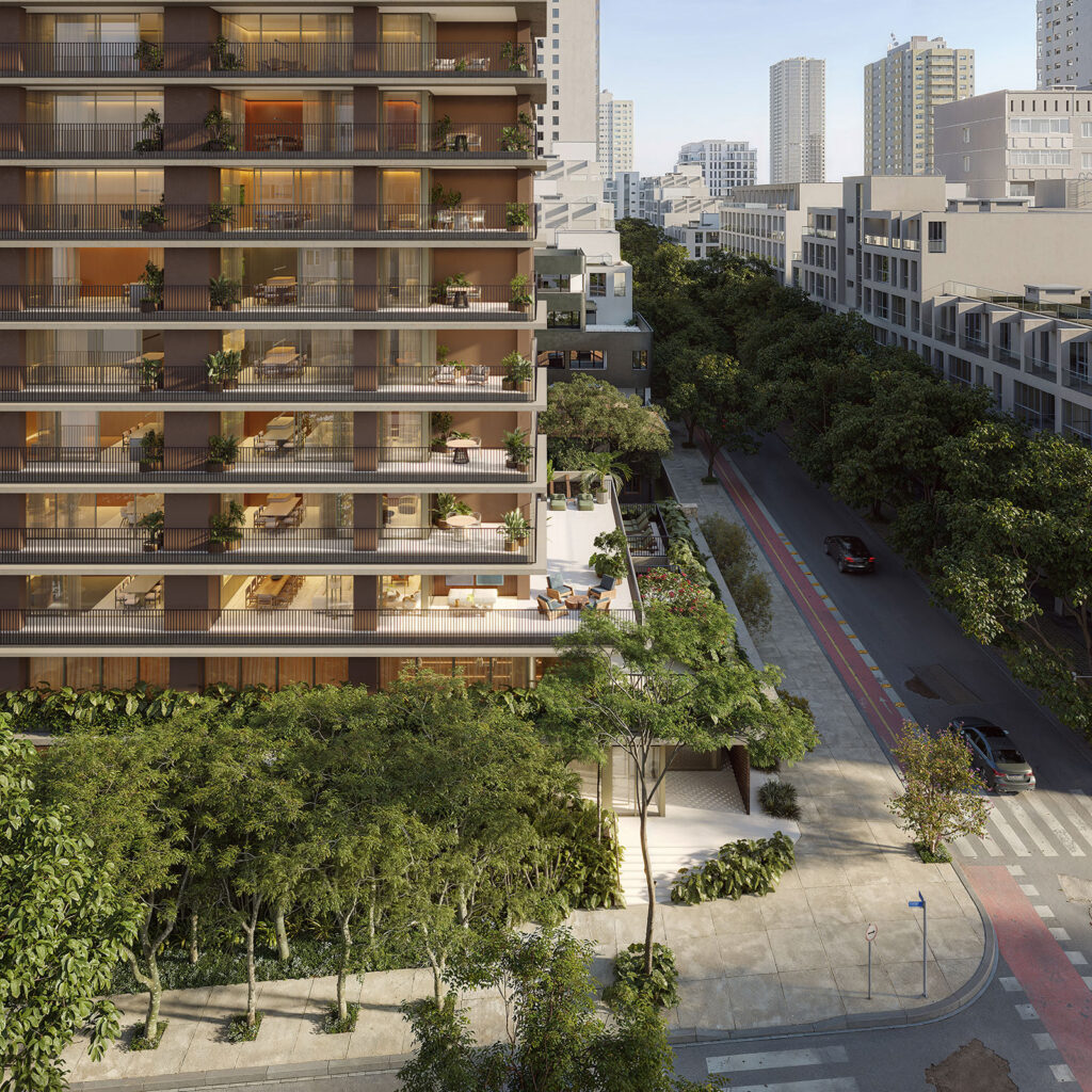 Fachada Do Primo Pinheiros, Lançamento Residencial De Alto Padrão Da Amy Na Rua Mourato Coelho, Com Arquitetura Contemporânea, Amplos Terraços E Vegetação Integrada.