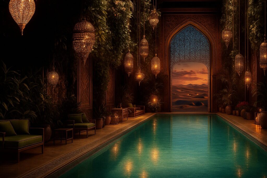 O The Palace Royal Possui Piscina Coberta Com Design Inspirado Em Palácios Orientais, Iluminação Cênica E Vegetação Exuberante.