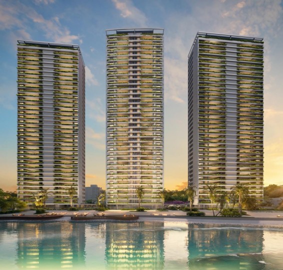 Renderização Das Três Torres Residenciais Do São Paulo Bay Even, Com Design Moderno, Fachadas Com Jardineiras Verdes E Reflexo Na Água, Ilustrando O Projeto Arquitetônico De Aflalo/Gasperini Em Cidade Jardim.