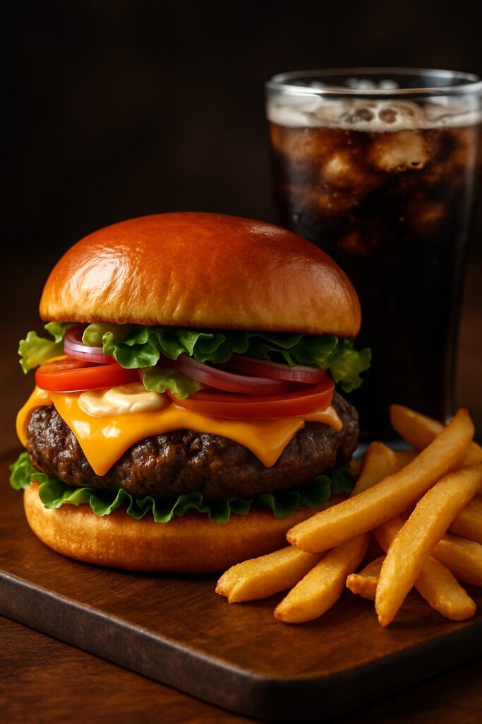 Hamburguerias E Restaurantes Na Vila Mariana: Onde Comer Bem 2 Hambúrguer Suculento Com Cheddar, Bacon Crocante, Batatas Fritas Douradas E Refrigerante Gelado Em Ambiente Escuro