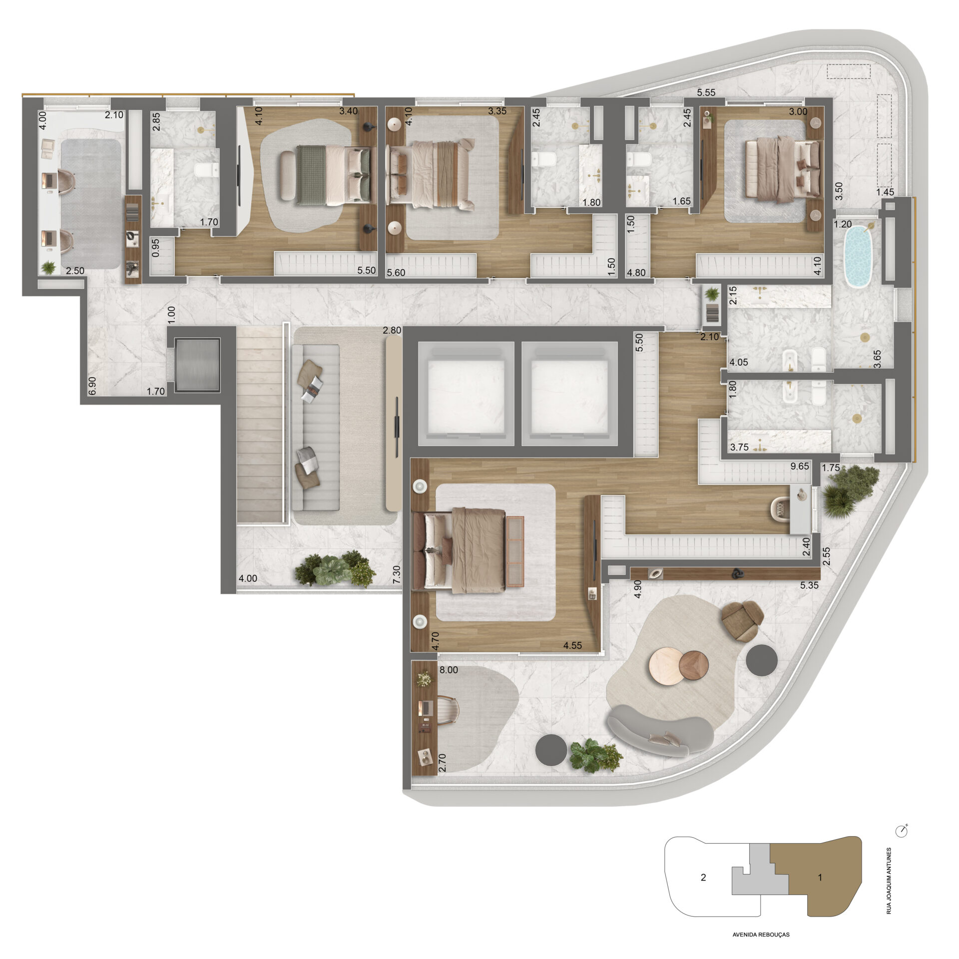 Planta Casa superior do duplex garden 637m² no EPIC Jardim Europa com 4 suítes, suíte master com banho senhor e senhora e varanda privativa
