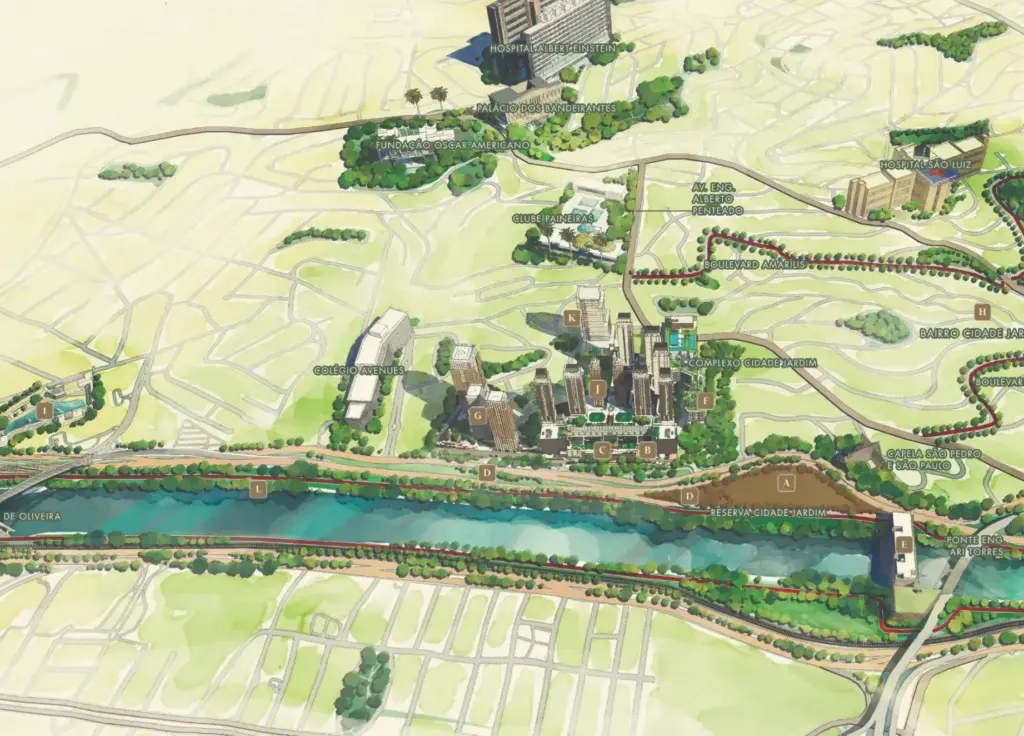 Complexo Cidade Jardim: O Endereço Mais Exclusivo De São Paulo Para Morar, Investir E Viver O Luxo 2 Mapa Artístico Do Complexo Cidade Jardim Em São Paulo Destacando Empreendimentos Jhsf, Shopping Cidade Jardim, Reserva Cidade Jardim E Infraestrutura Do Bairro