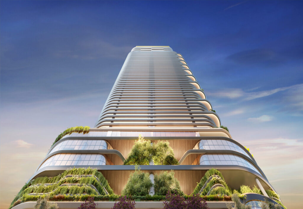 Perspectiva Ascendente Da Torre Do Epic Jardim Europa Com Vegetação Integrada