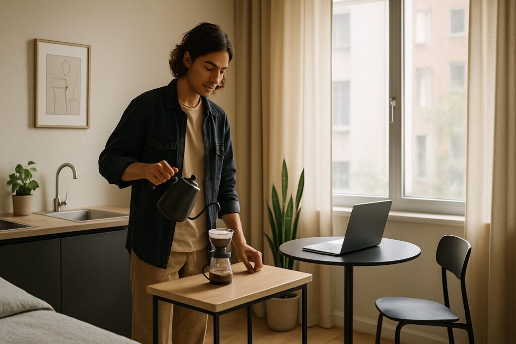 Studios Em Alta Ou Saturação? A Verdade Por Trás Dos Dados Em Sp 6 Jovem Preparando Café Em Studio Moderno Com Mesa De Trabalho E Luz Natural.