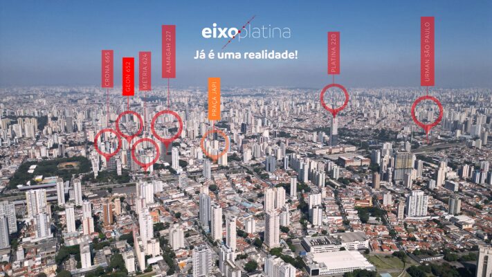 Vista aérea da Zona Leste de São Paulo com localização dos empreendimentos do Eixo Platina, incluindo o Praça Japi