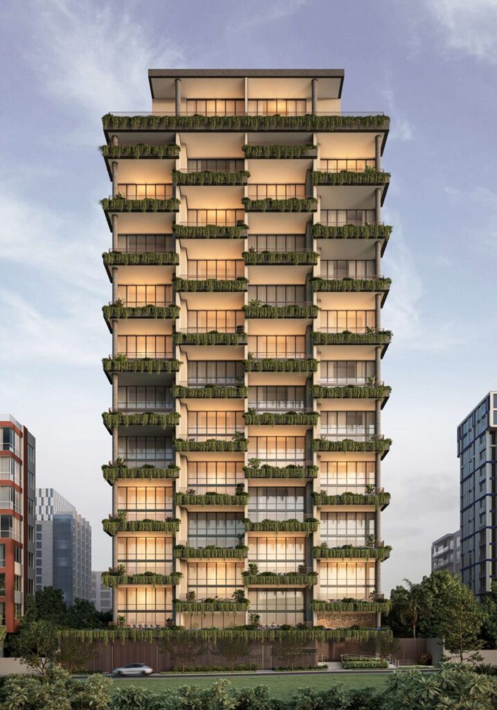 Fachada Do Nuv Moema Da Planik Com Torre Única, Arquitetura Moderna E Vegetação Integrada