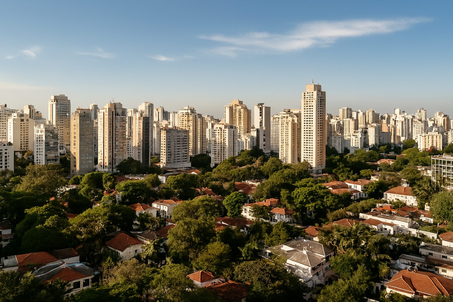 Vista panorâmica do bairro Jardins em São Paulo em uma tarde ensolarada, próxima ao QUADDRA Lorena